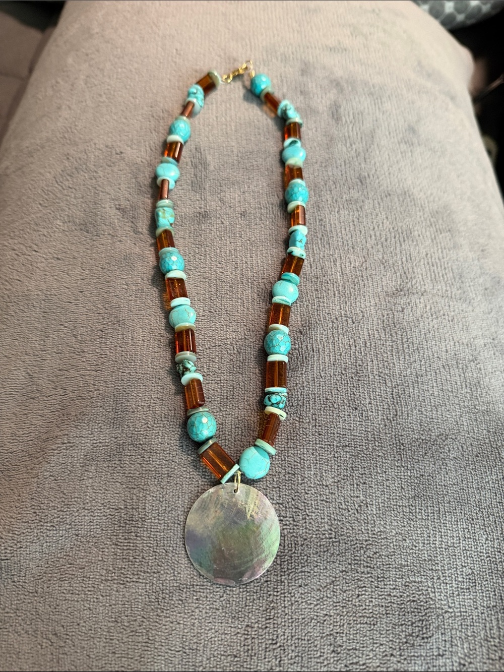 Southwestern Turquoise-Tone & Amber-Tone Beaded Shell Pendant Statement Necklace